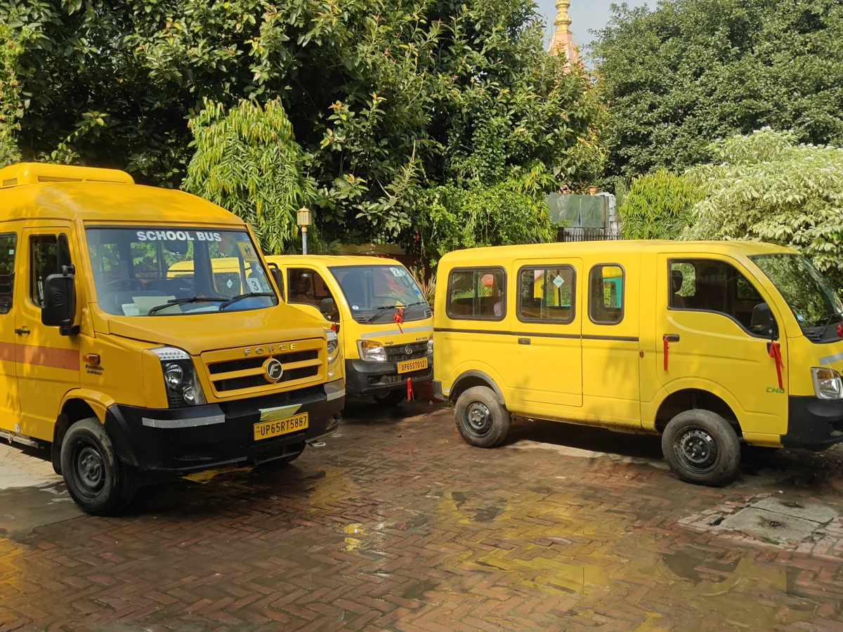 School bus fleet at Sunbeam World School, Varanasi