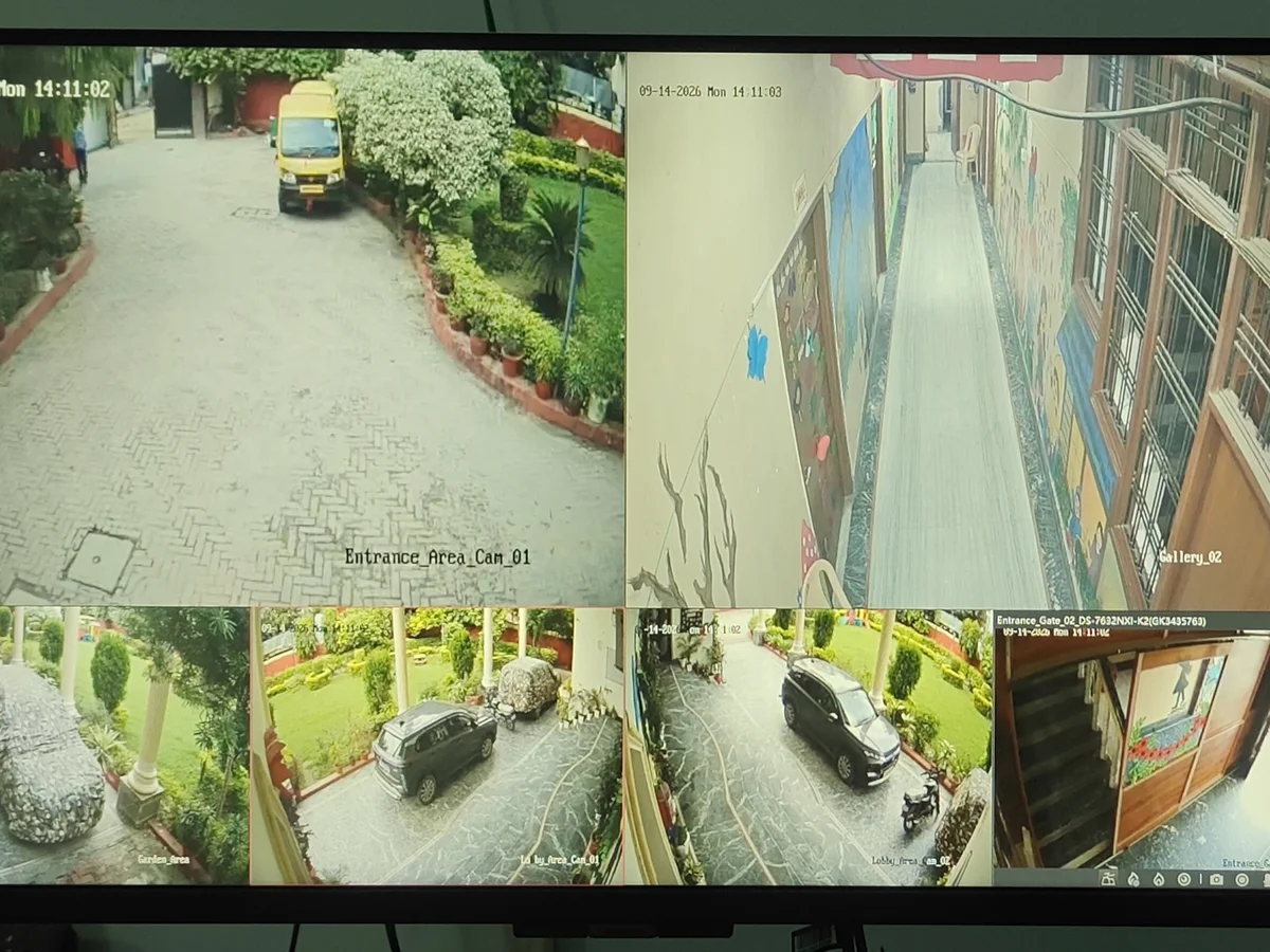 Live CCTV monitoring wall with multiple labelled camera feeds at Sunbeam World School, Varanasi