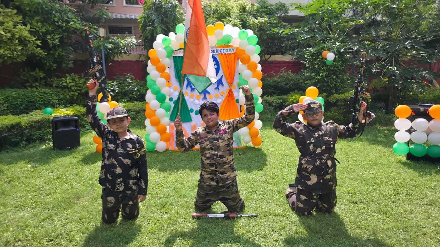 Students dressed as soldiers for Independence Day at Sunbeam World School, Varanasi