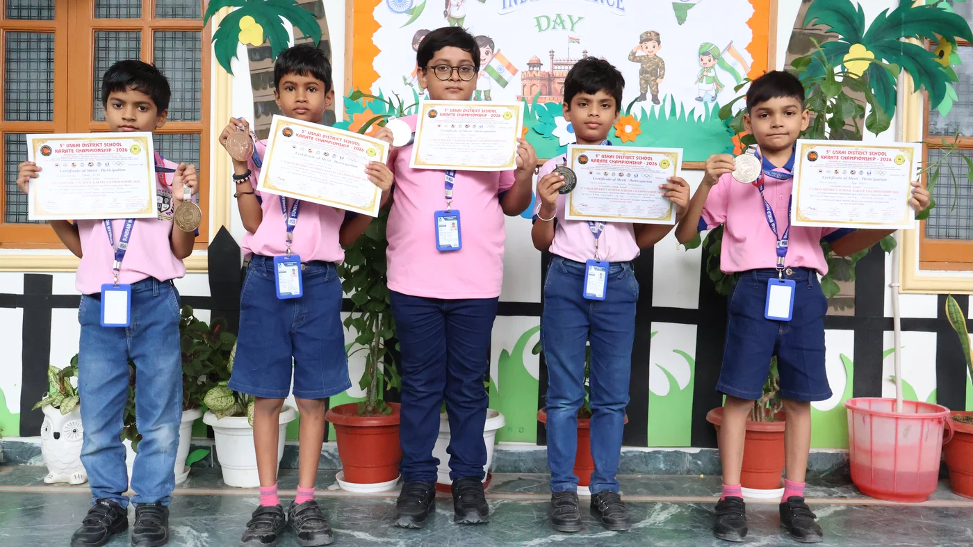 Students with medals at the 5th USKAI District School Karate Championship, Sunbeam World School, Varanasi