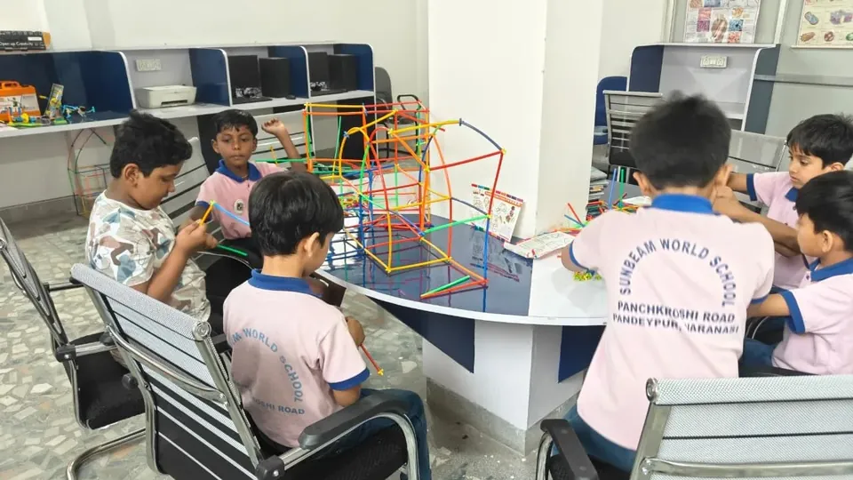 Students building models in a robotics activity at Sunbeam World School, Varanasi